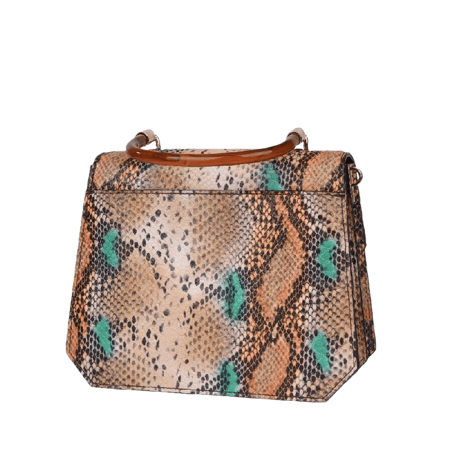 Croco PU ladies handbag with enamel lock closure and metal tab of handle and shoulder strap