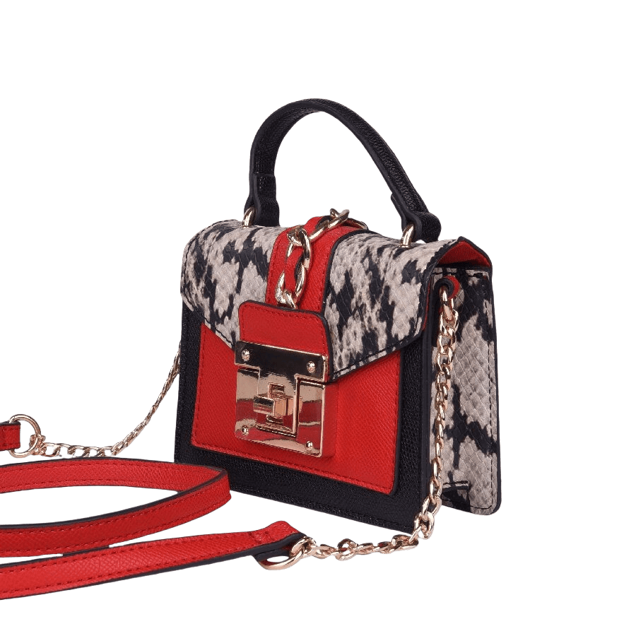 Snake PU ladies handbag with lock closure and decorative chain on the flap