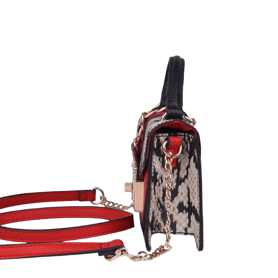 Snake PU ladies handbag with lock closure and decorative chain on the flap