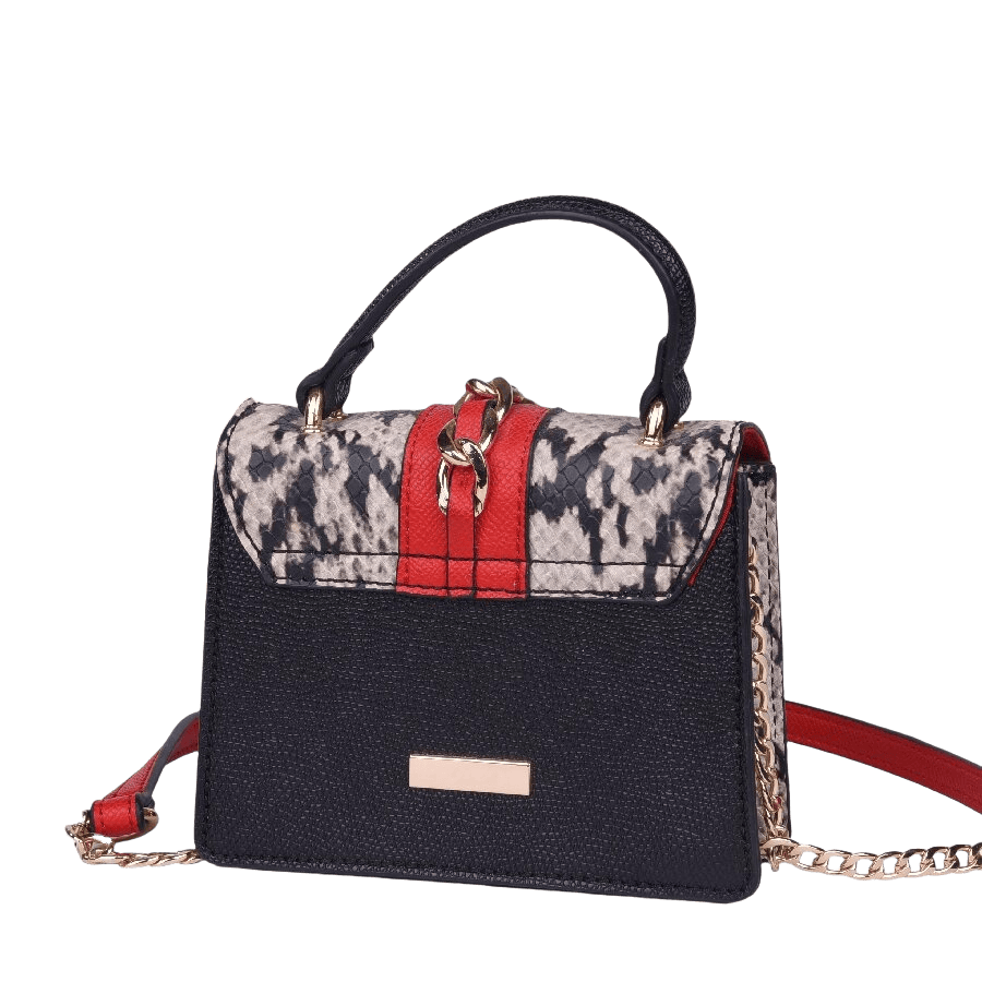 Snake PU ladies handbag with lock closure and decorative chain on the flap