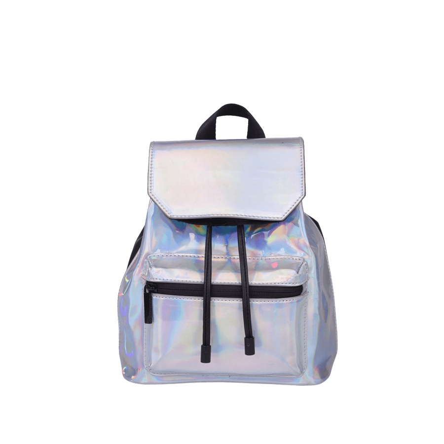Silver backpack with front zip pocket and top string closure
