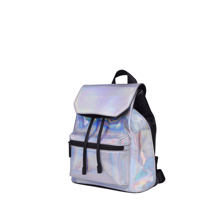 Silver backpack with front zip pocket and top string closure