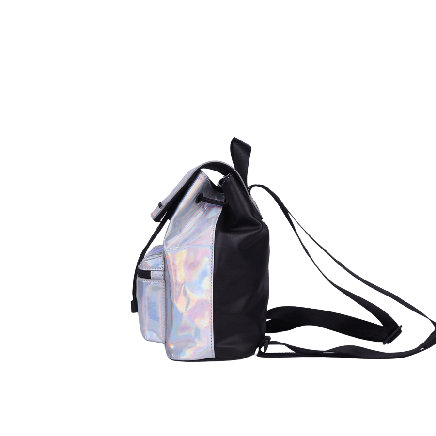 Silver backpack with front zip pocket and top string closure