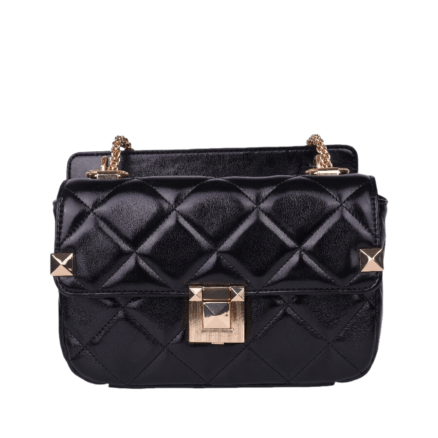 Black quilting ladies handbag with lock closure and decorative studs