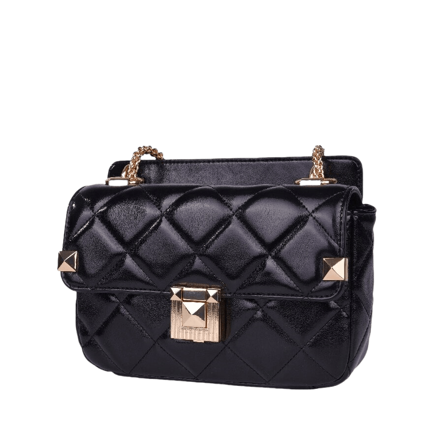 Black quilting ladies handbag with lock closure and decorative studs