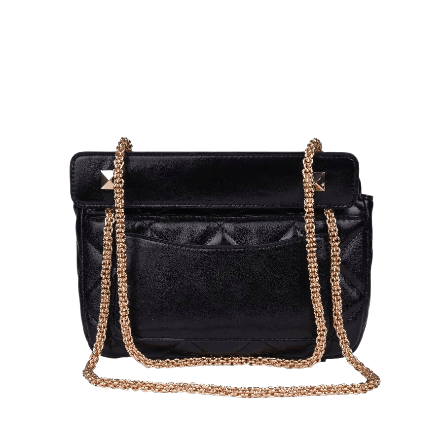 Black quilting ladies handbag with lock closure and decorative studs