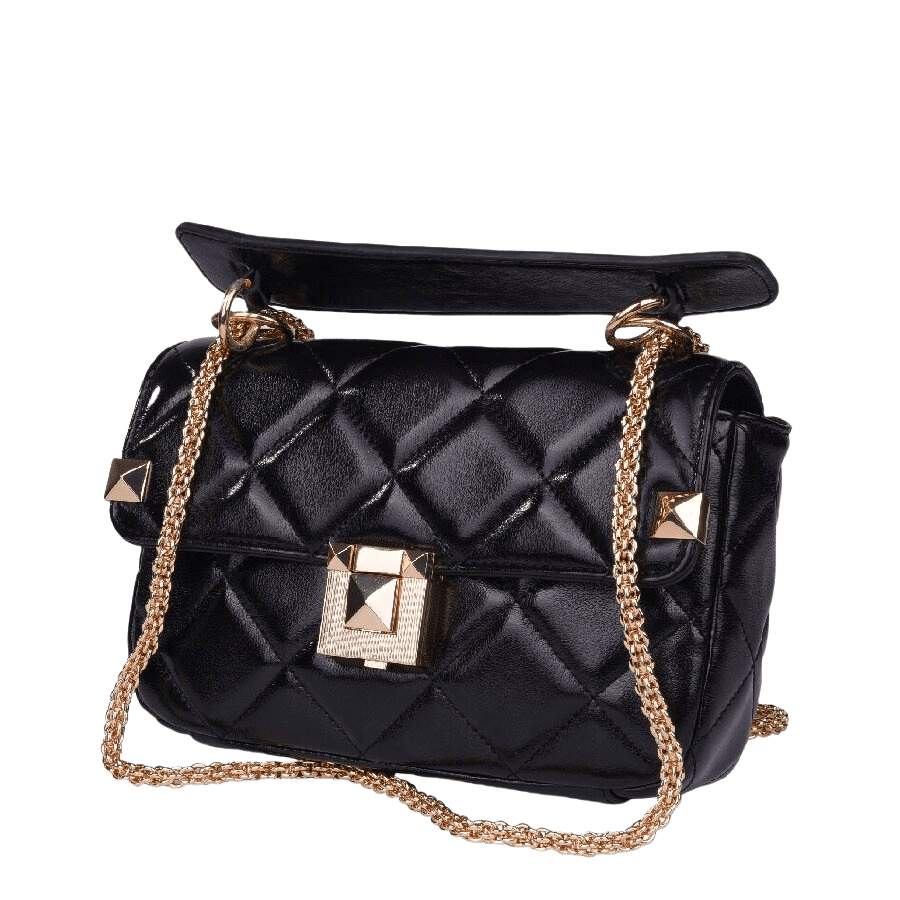 Black quilting ladies handbag with lock closure and decorative studs