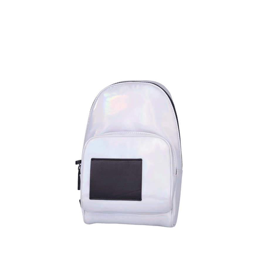 Silver sling bag with black trim PU and front zip pocket