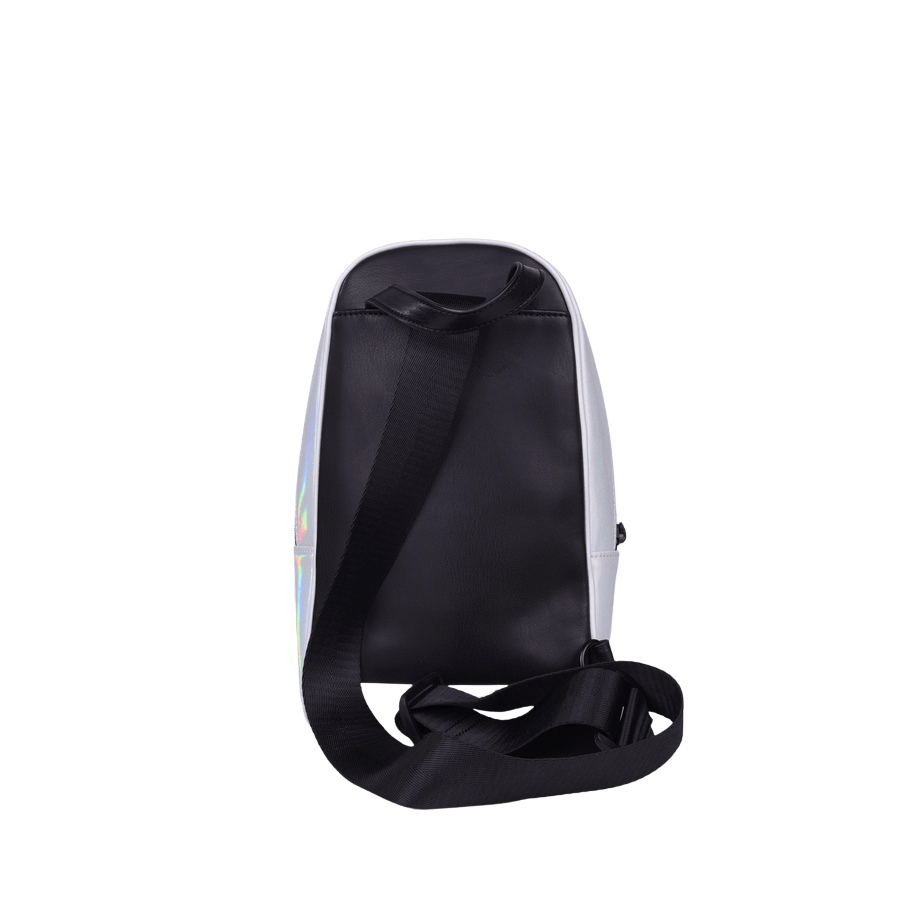 Silver sling bag with black trim PU and front zip pocket