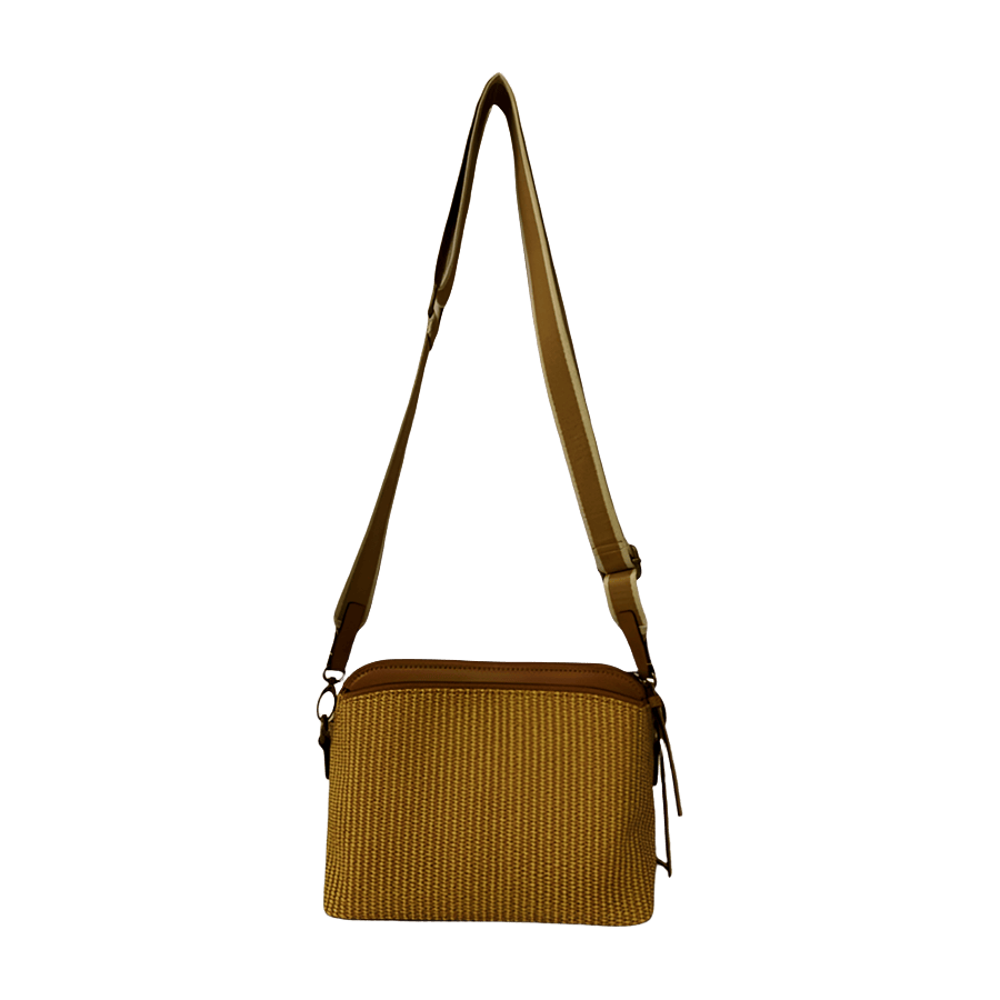 Green weave PU ladies crossbody bag with stripe webbing and front zip pocket