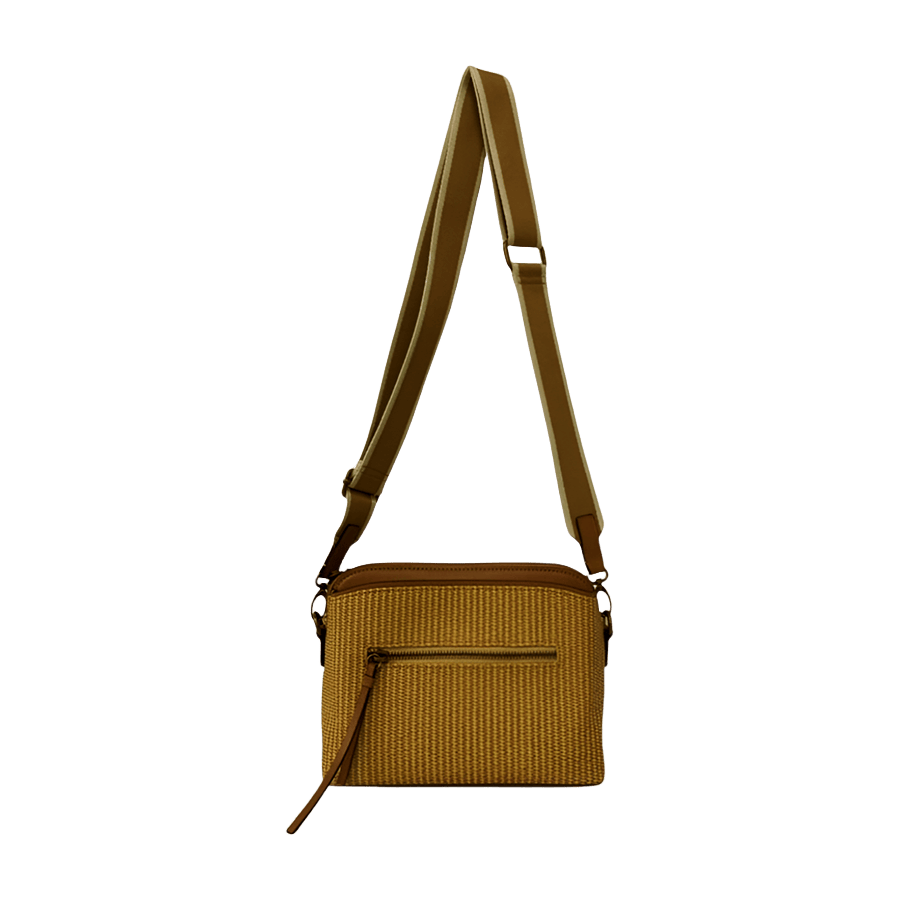 Green weave PU ladies crossbody bag with stripe webbing and front zip pocket