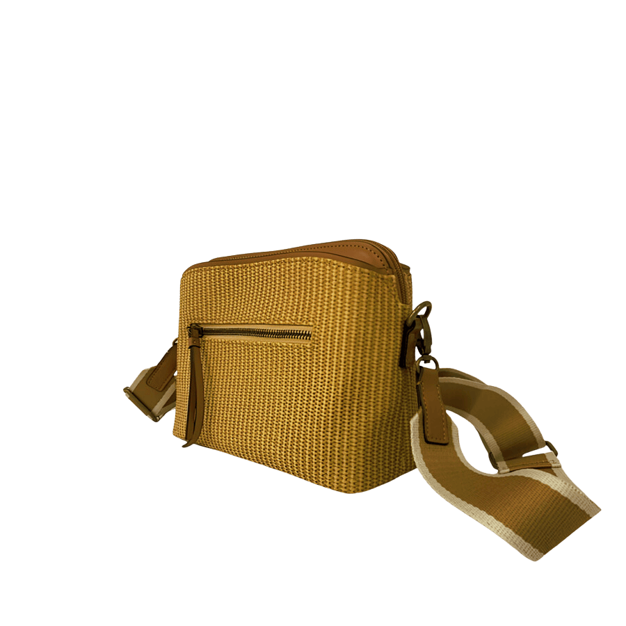 Green weave PU ladies crossbody bag with stripe webbing and front zip pocket