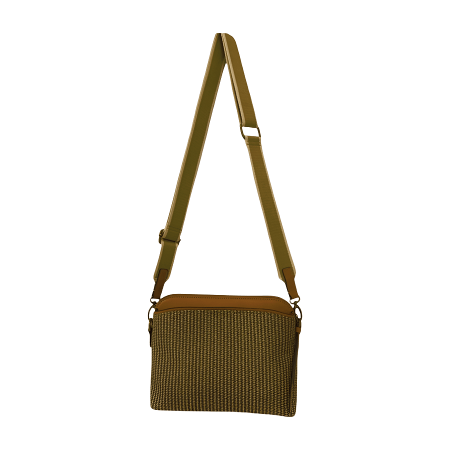 Green weave PU ladies crossbody bag with stripe webbing and front zip pocket
