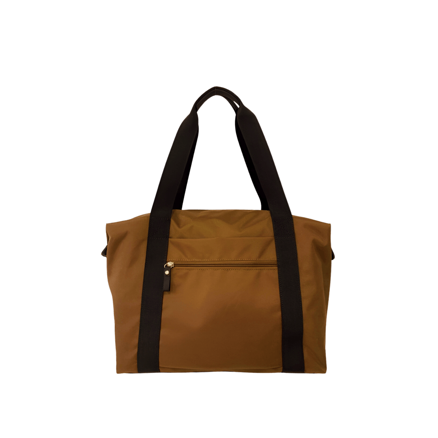 Khaki ladies tote bag with black webbing handle and front zip pocket