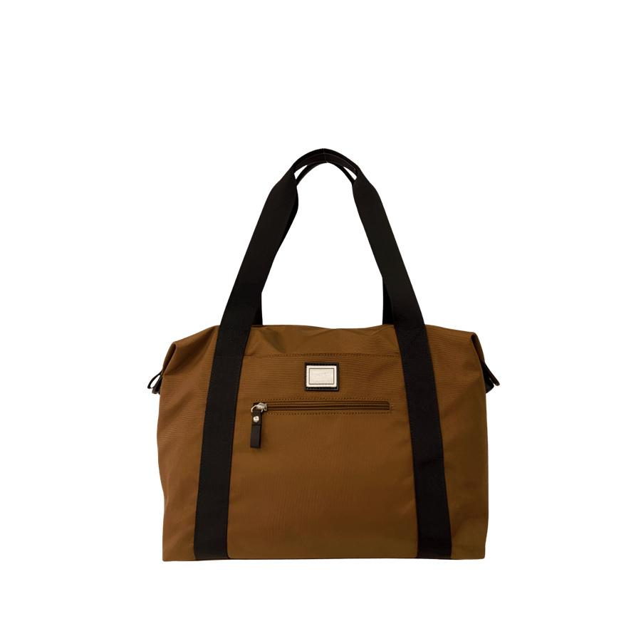 Khaki ladies tote bag with black webbing handle and front zip pocket