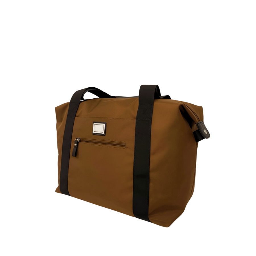 Khaki ladies tote bag with black webbing handle and front zip pocket