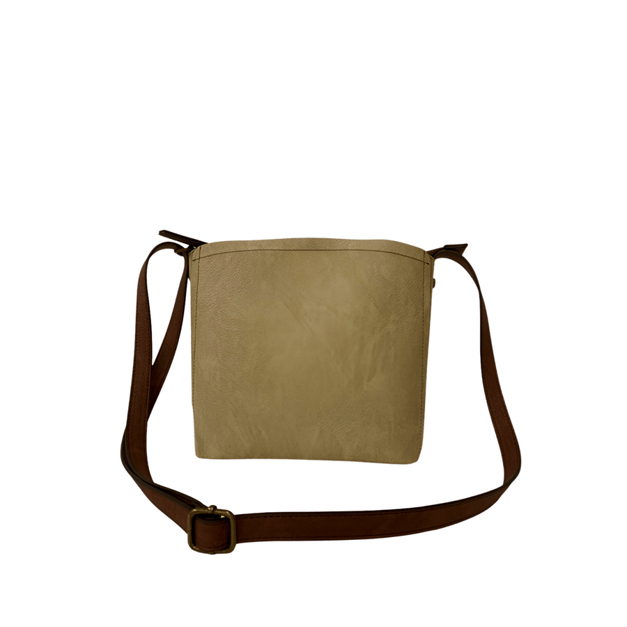 Grey ladies bucket bag with decorative flat stud on the sides and magnetic snap closure