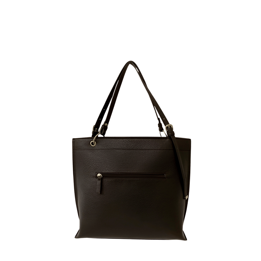Black ladies handbag with front zip pocket and decorative metal plate