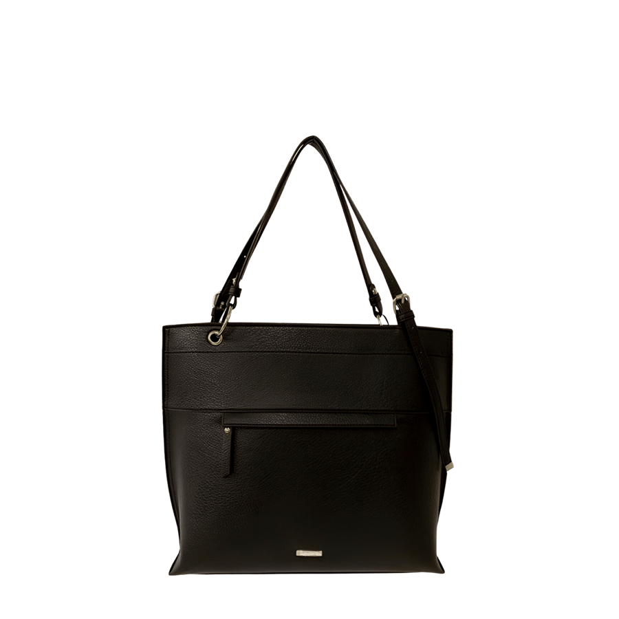 Black ladies handbag with front zip pocket and decorative metal plate