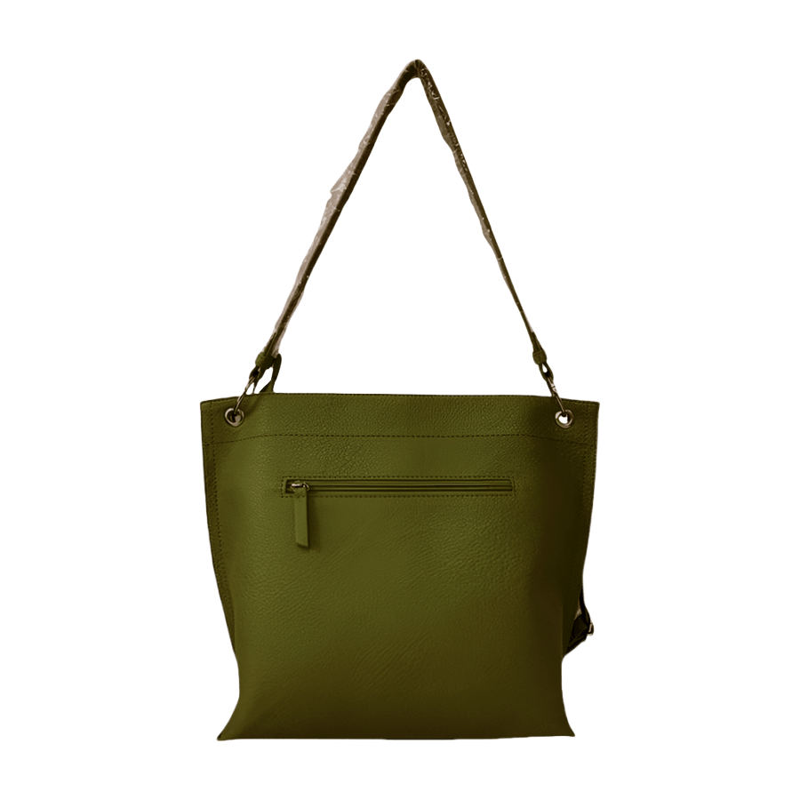 Green ladies handbag with front zip pocket and metal plate