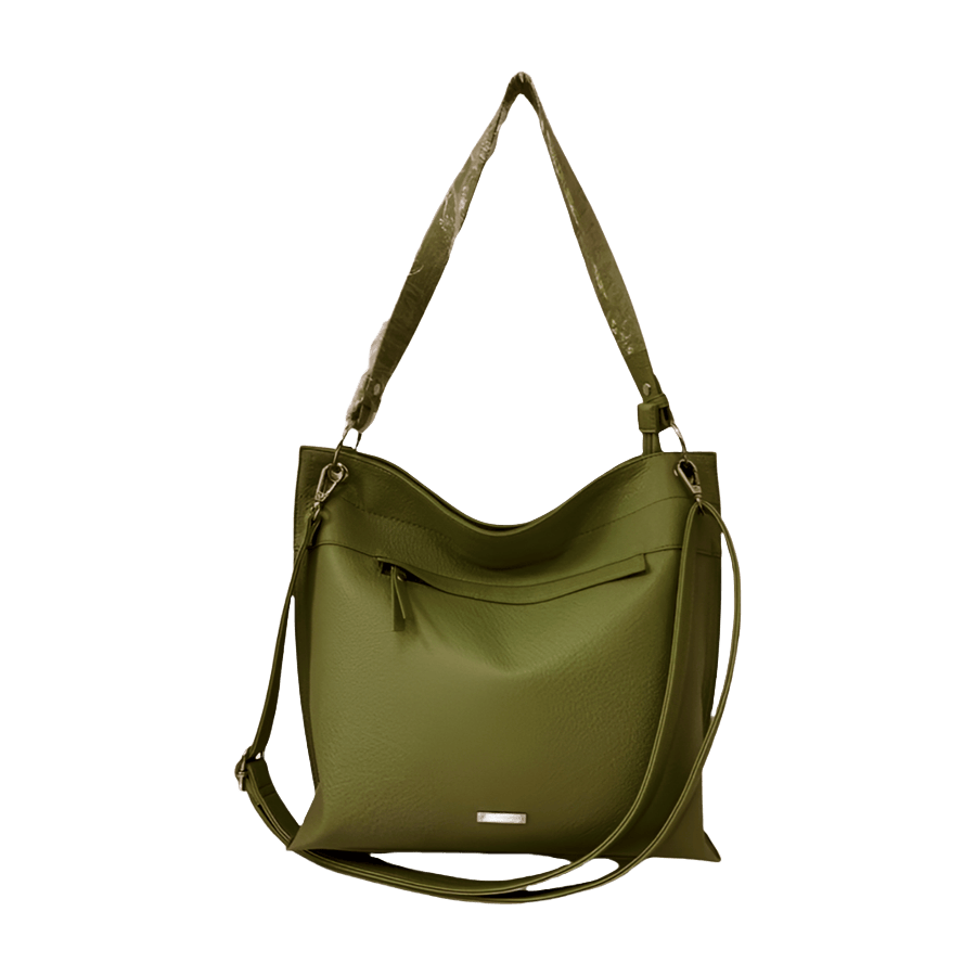 Green ladies handbag with front zip pocket and metal plate