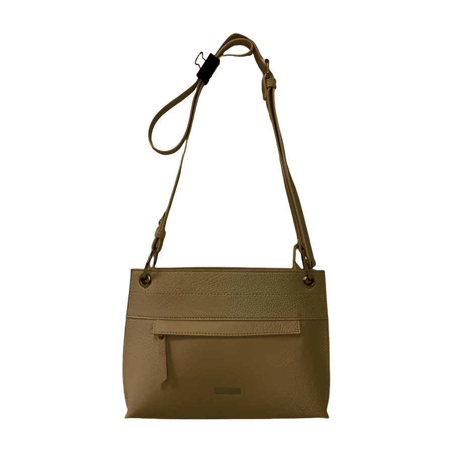 Brown ladies crossbody bag with front zip pocket and metal eyelets on the handle