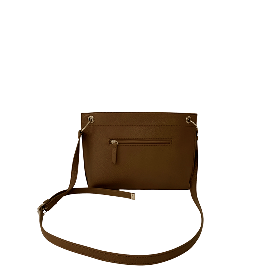 Brown ladies crossbody bag with front zip pocket and metal eyelets on the handle
