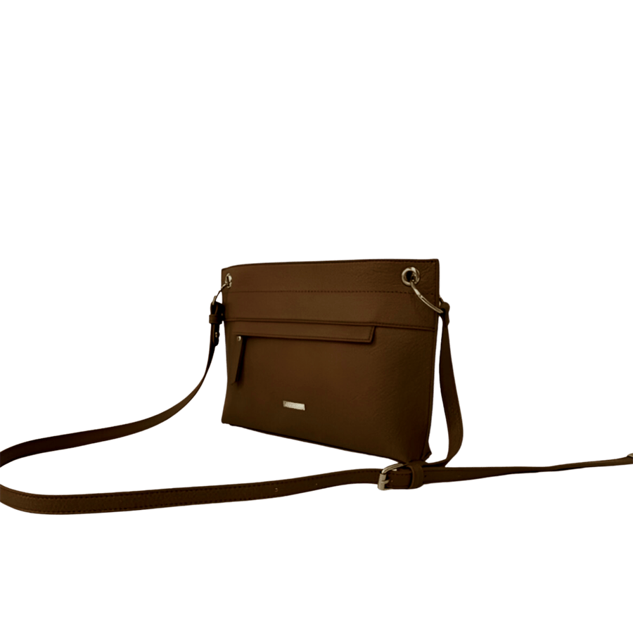 Brown ladies crossbody bag with front zip pocket and metal eyelets on the handle