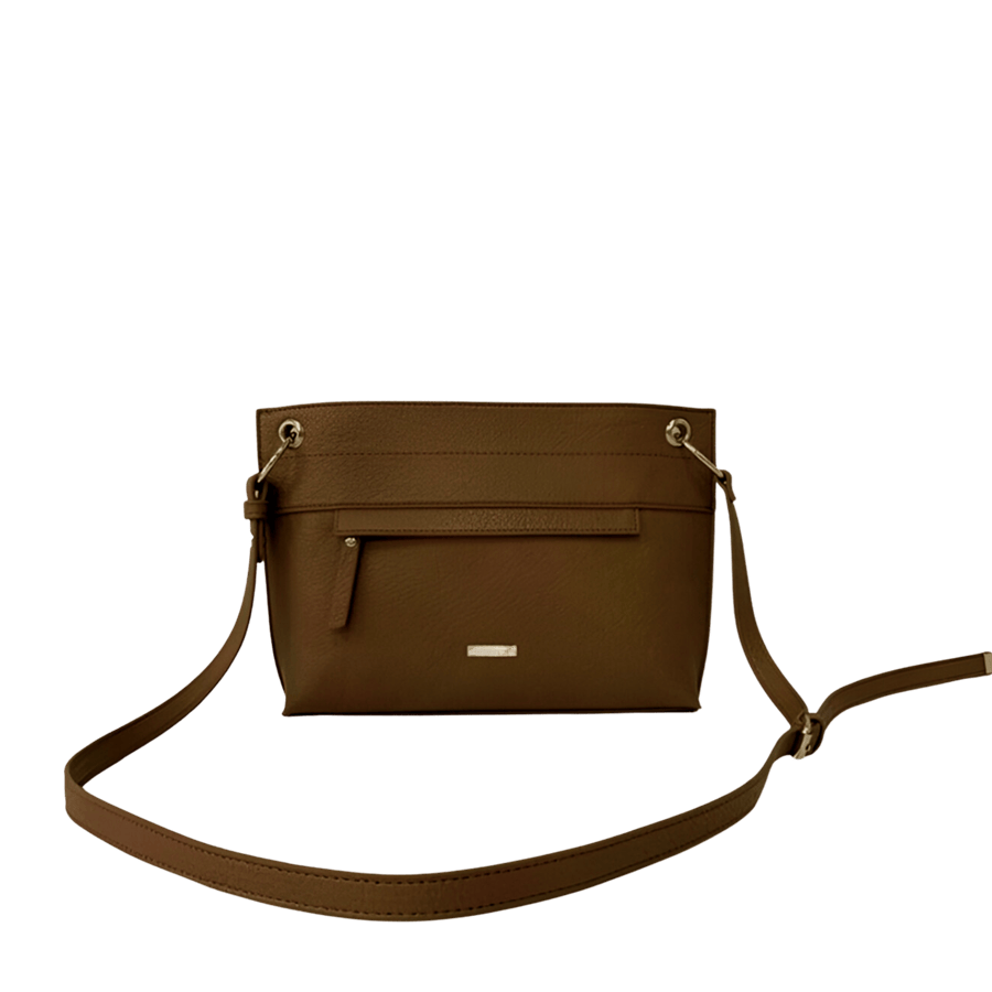 Brown ladies crossbody bag with front zip pocket and metal eyelets on the handle