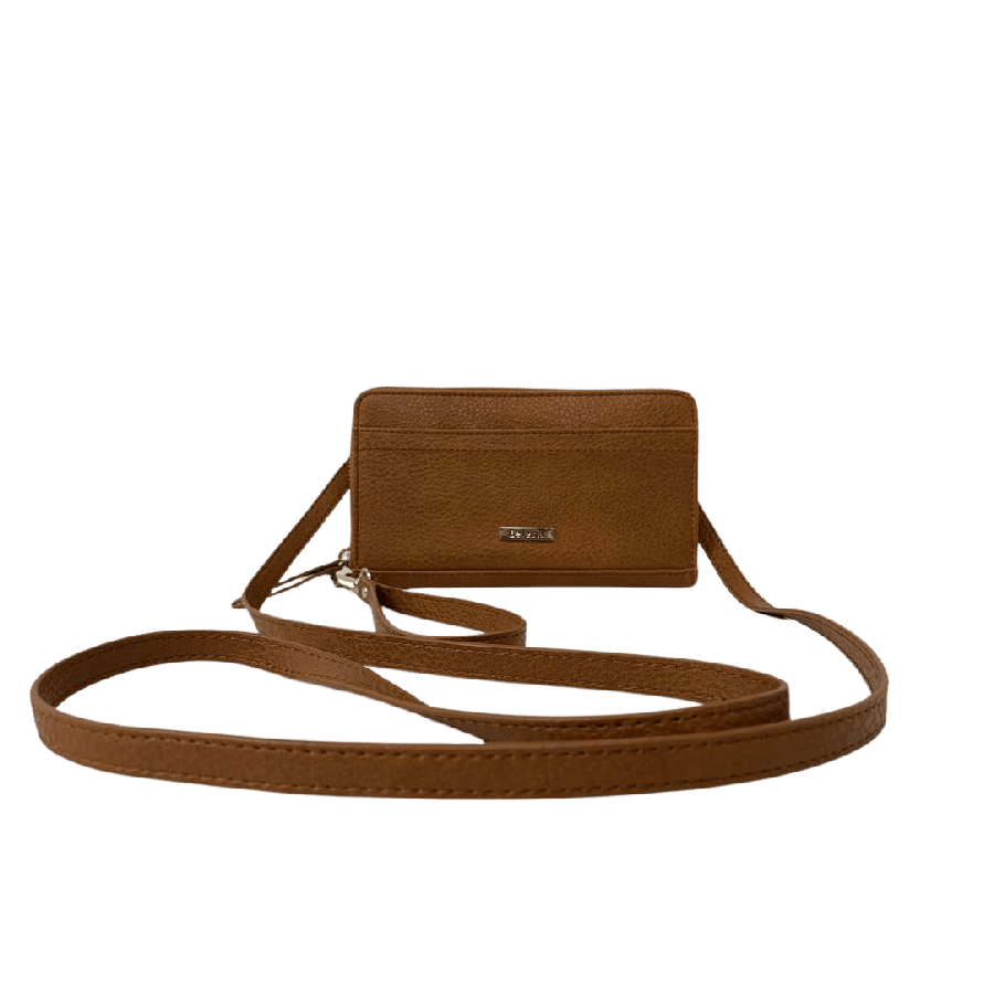 Camel ladies wallet with wrist handle and metal plate on the front