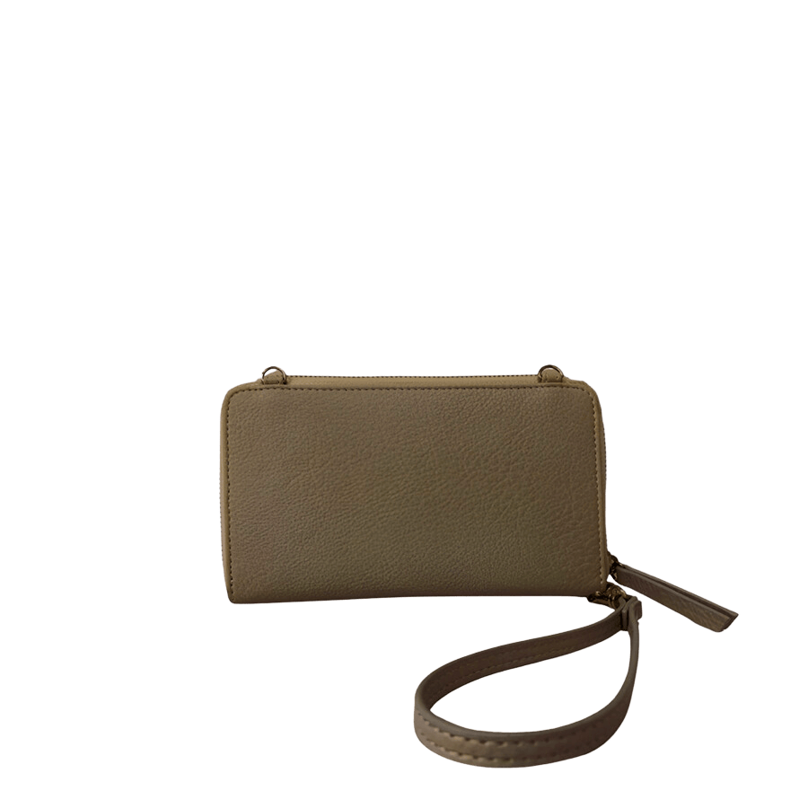 Camel ladies wallet with wrist handle and metal plate on the front