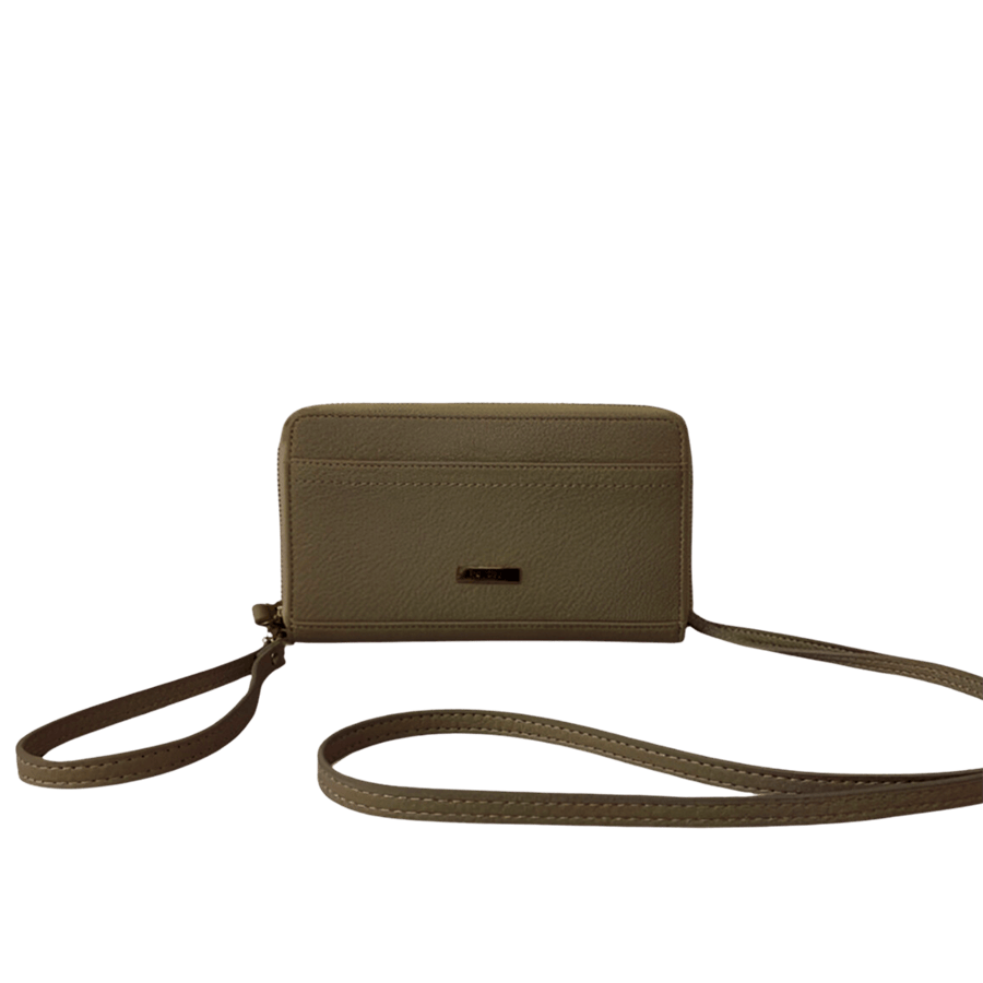 Camel ladies wallet with wrist handle and metal plate on the front