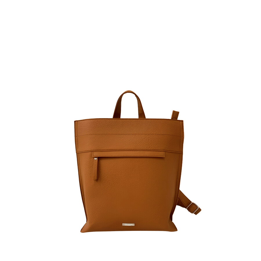 Black ladies backpack with front zip pocket and metal plate on the front
