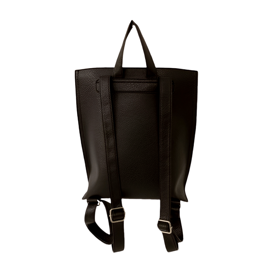 Black ladies backpack with front zip pocket and metal plate on the front