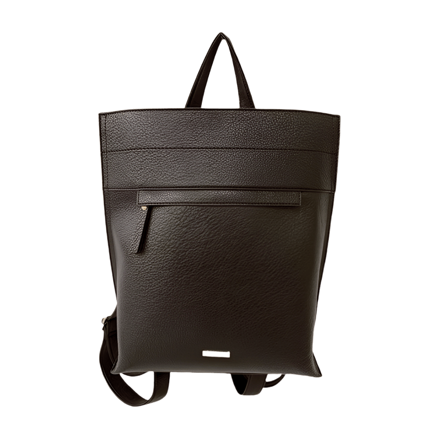 Black ladies backpack with front zip pocket and metal plate on the front