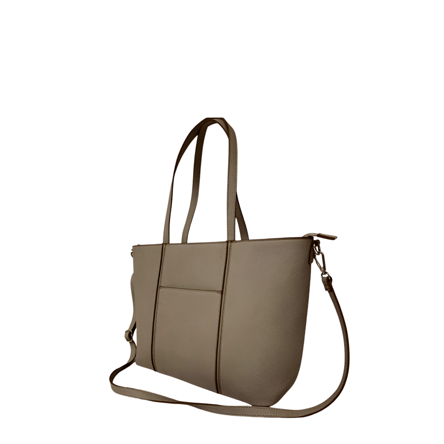Beige ladies tote bag with contrast edge painting and front open pocket