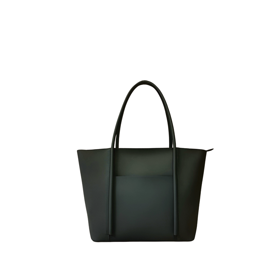 Green ladies tote bag with front open pocket and top zip closure