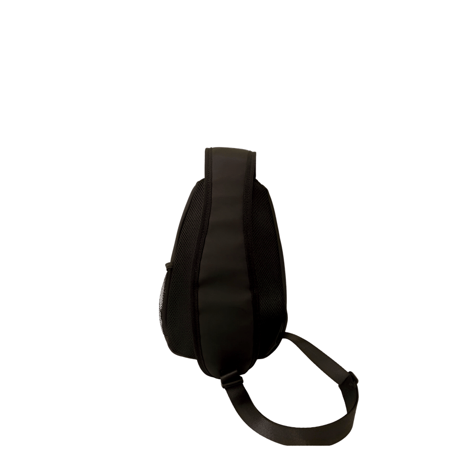 Black sling bag with front zip pockets and side mesh pocket