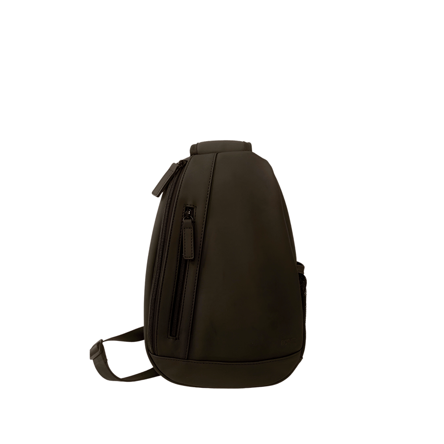 Black sling bag with front zip pockets and side mesh pocket