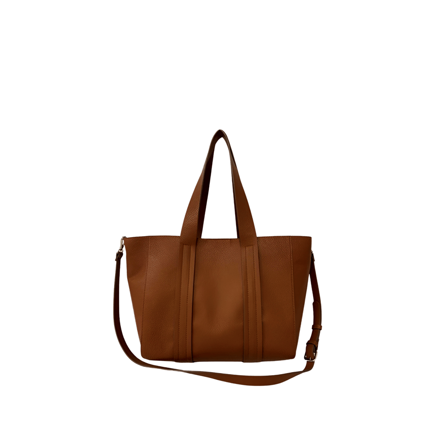 Camel pebble PU ladies handbag with contrast edge painting and magnetic snap closure