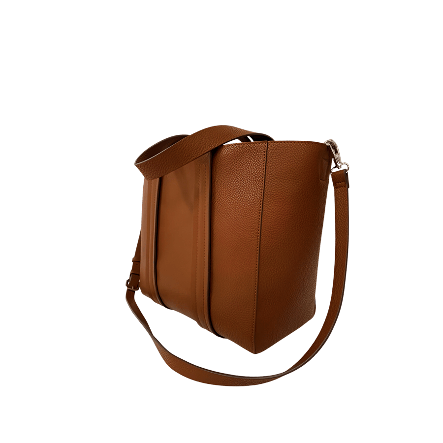 Camel pebble PU ladies handbag with contrast edge painting and magnetic snap closure