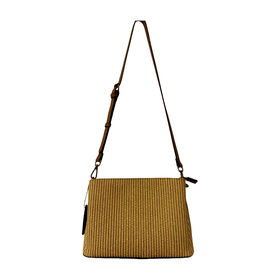 Beige straw ladies crossbody bag with brown trim PU and contrast edge painting