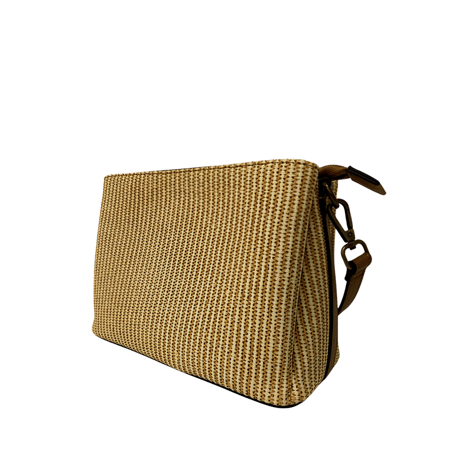 Beige straw ladies crossbody bag with brown trim PU and contrast edge painting