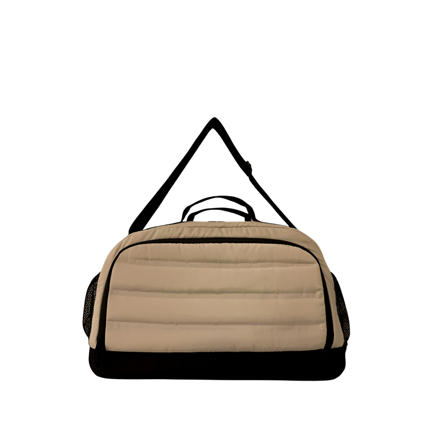Beige quilting big duffel travelling bag with black trim and side mesh pockets