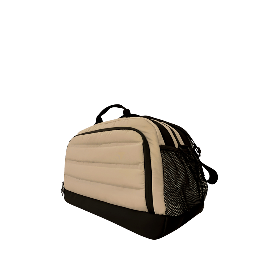 Beige quilting big duffel travelling bag with black trim and side mesh pockets