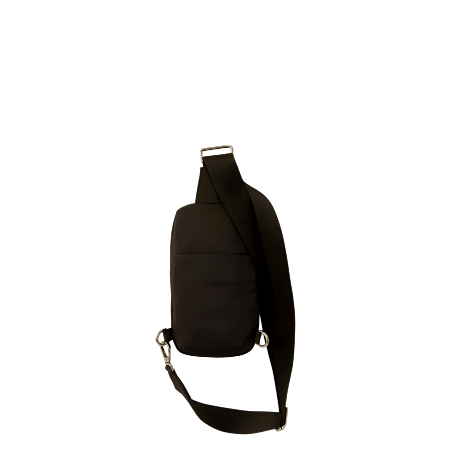 Black sling bag with front zip pocket and top zip closure