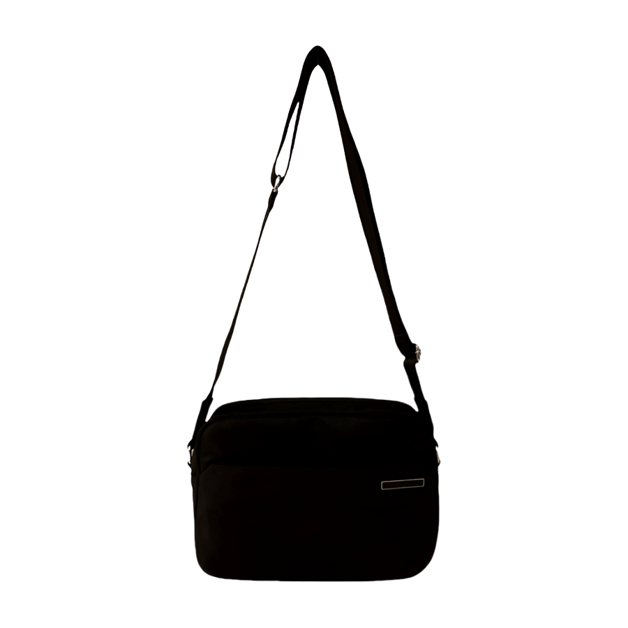 Black crossbody bag with front open pocket and black enemal metal plate