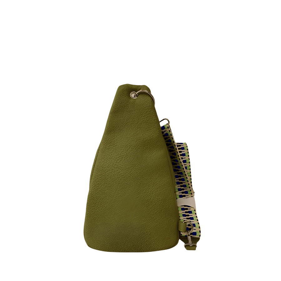 Green sling bag with front zip pocket and jacquard webbing strap