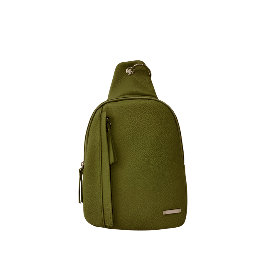 Green sling bag with front zip pocket and jacquard webbing strap