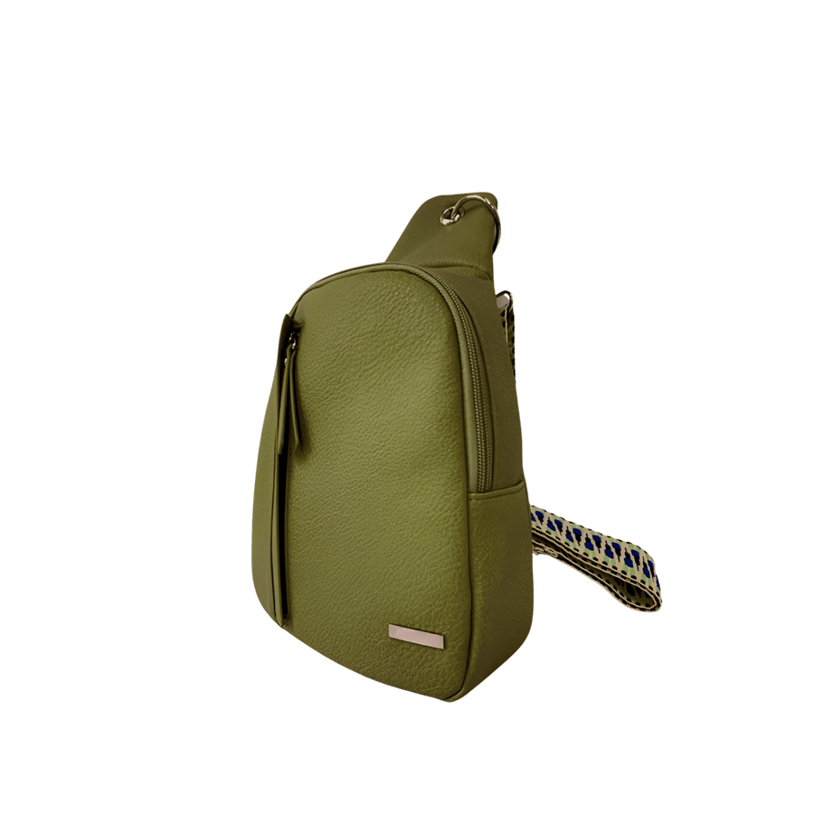 Green sling bag with front zip pocket and jacquard webbing strap